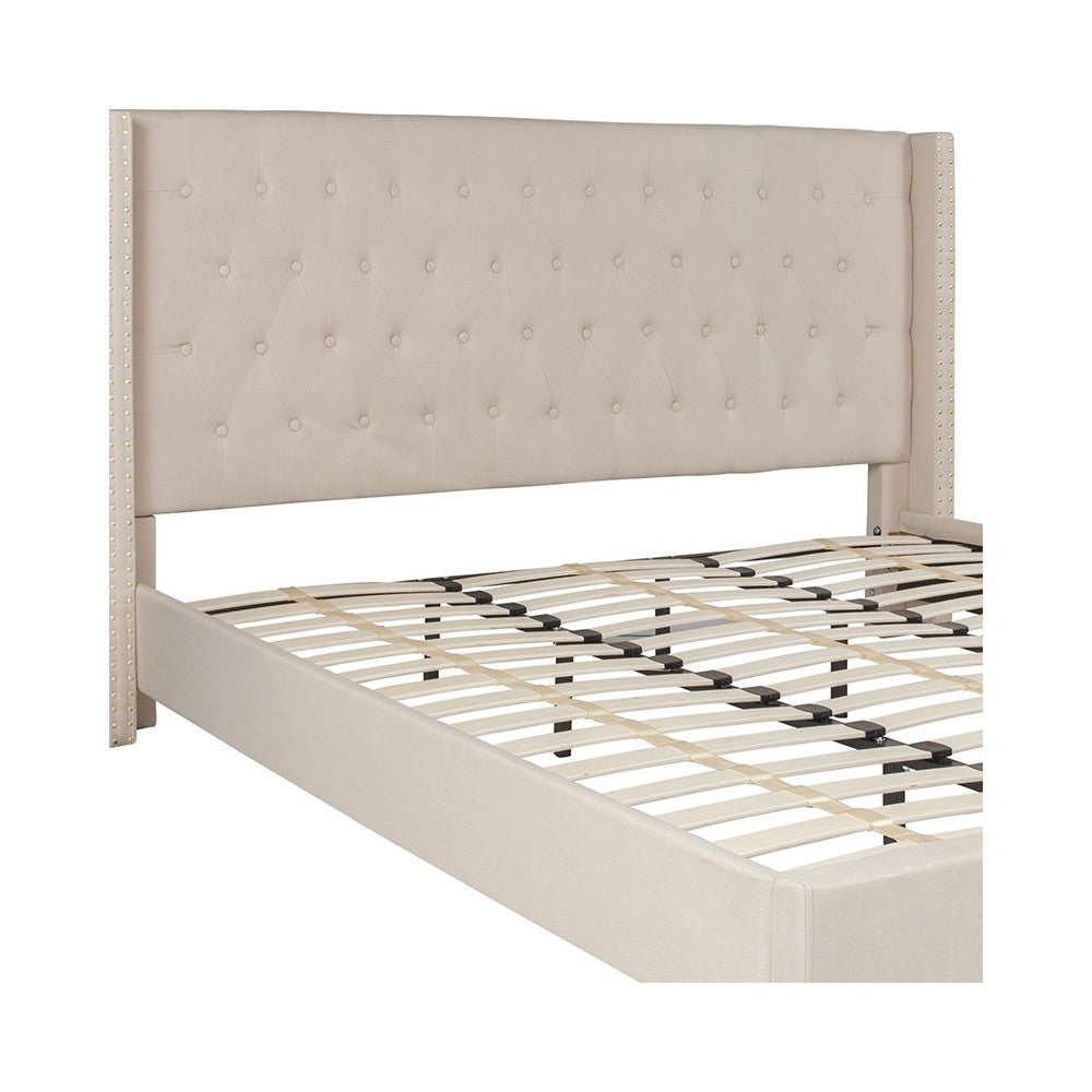 Riverdale King Size Tufted Upholstered Platform Bed in Beige Fabric