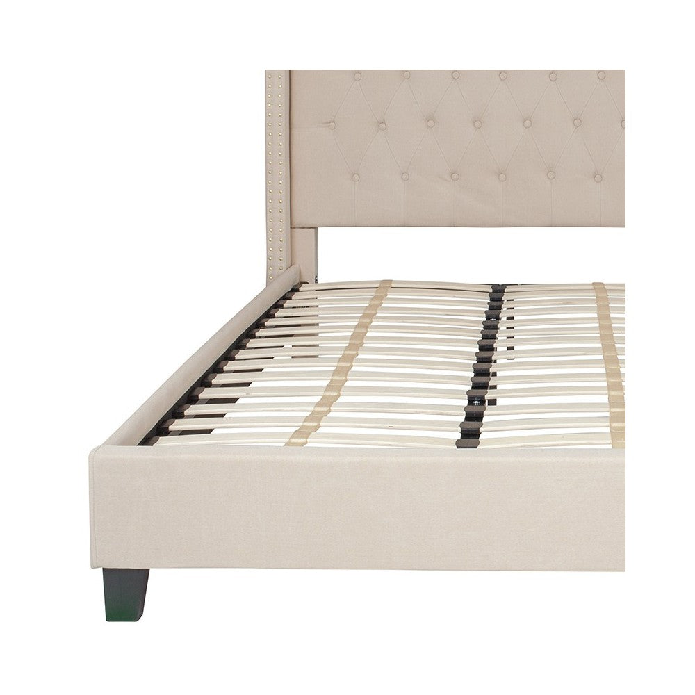 Riverdale King Size Tufted Upholstered Platform Bed in Beige Fabric