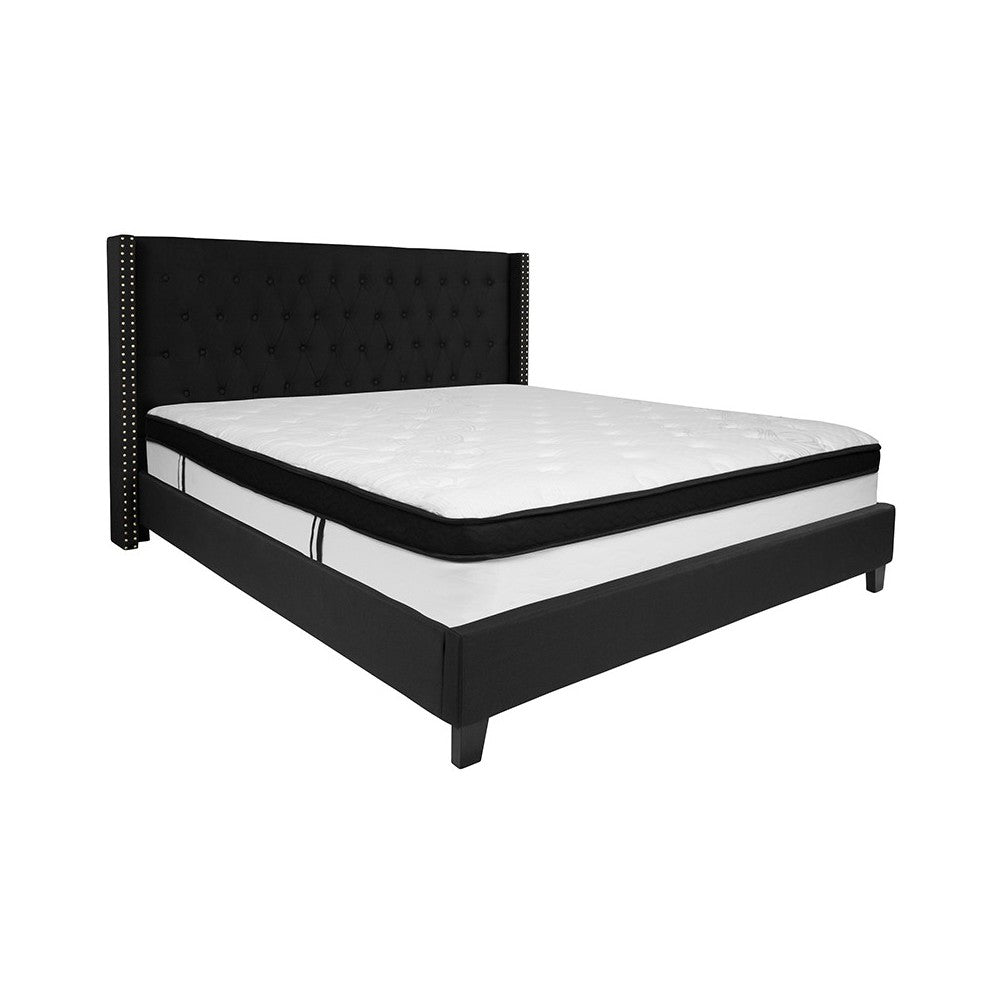 Riverdale King Size Tufted Upholstered Platform Bed in Black Fabric with Memory Foam Mattress