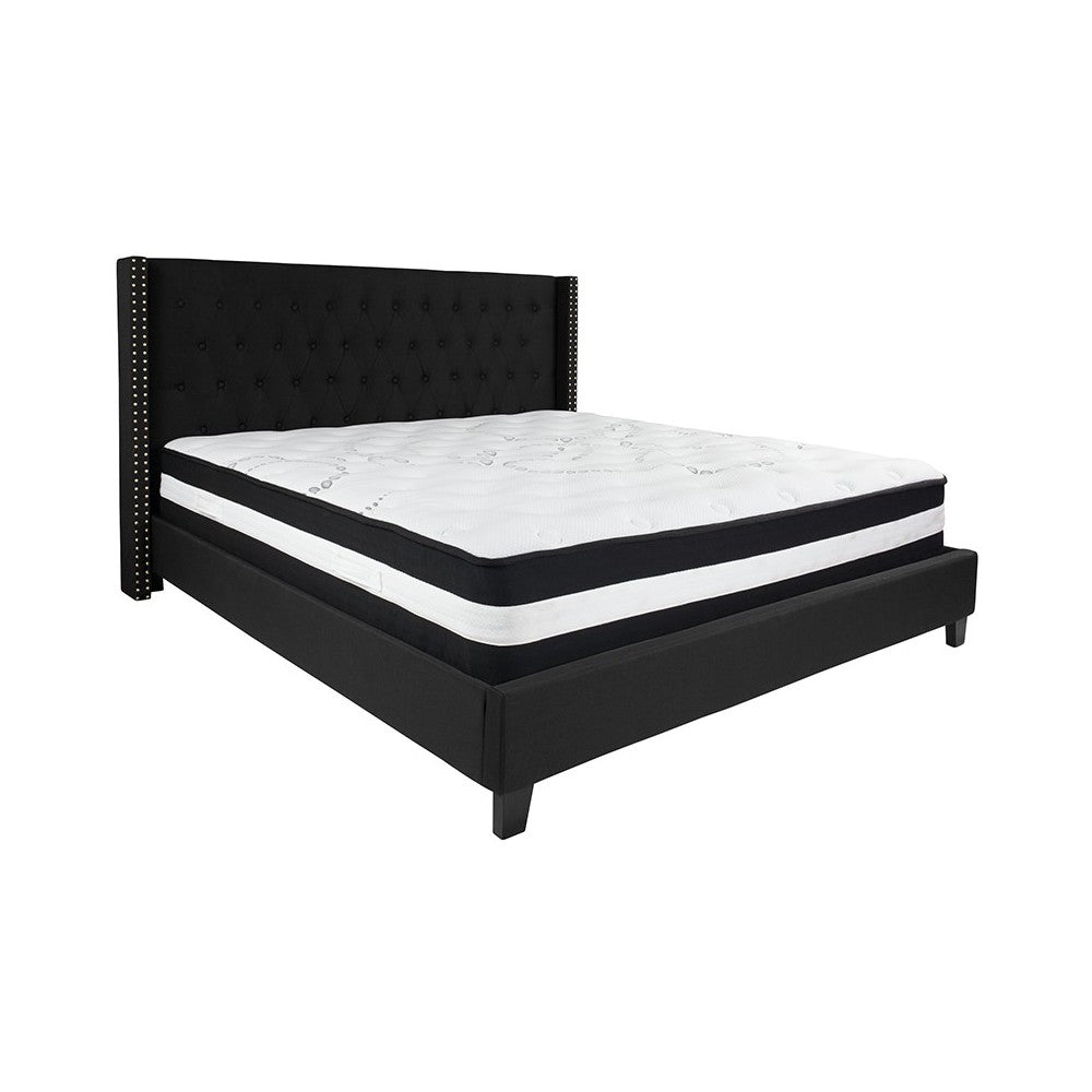 Riverdale King Size Tufted Upholstered Platform Bed in Black Fabric with Pocket Spring Mattress
