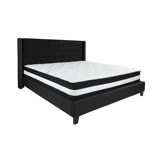 Riverdale King Size Tufted Upholstered Platform Bed in Black Fabric with Pocket Spring Mattress