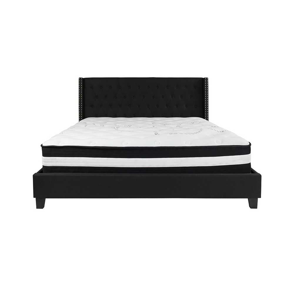 Riverdale King Size Tufted Upholstered Platform Bed in Black Fabric with Pocket Spring Mattress
