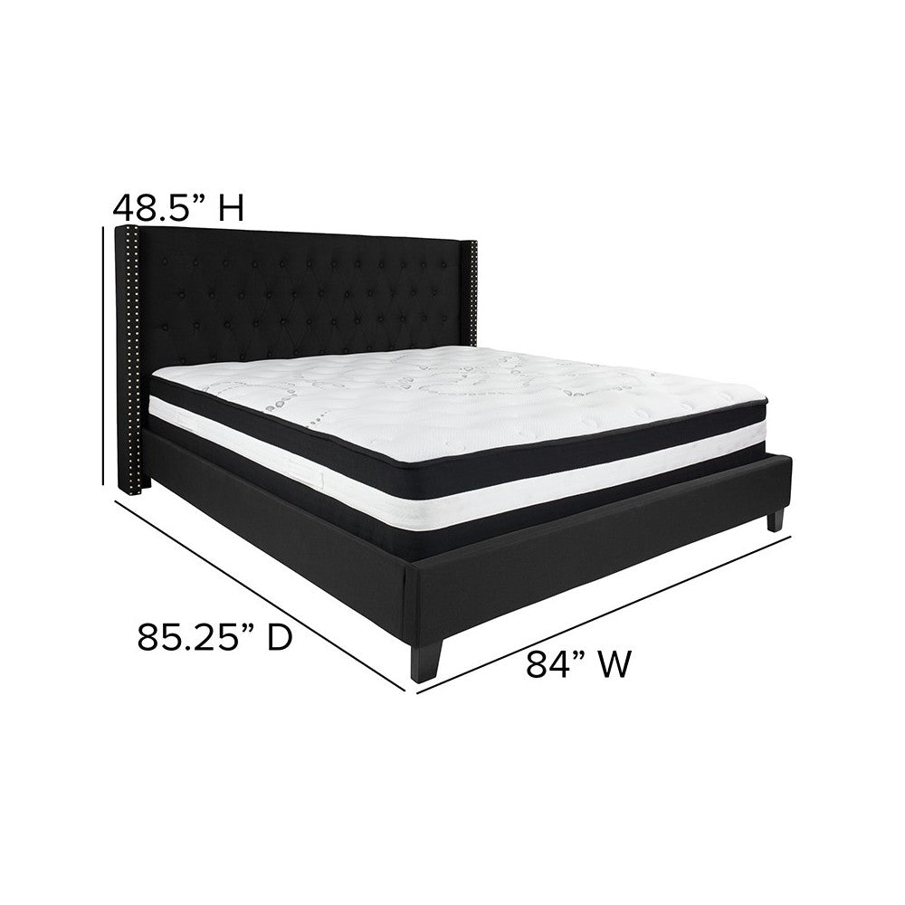 Riverdale King Size Tufted Upholstered Platform Bed in Black Fabric with Pocket Spring Mattress