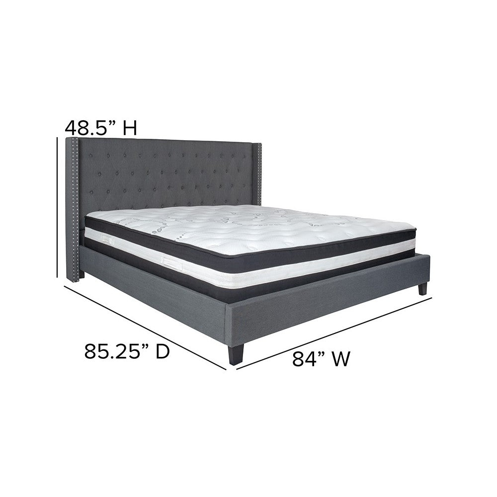 Riverdale King Size Tufted Upholstered Platform Bed in Dark Gray Fabric with Pocket Spring Mattress