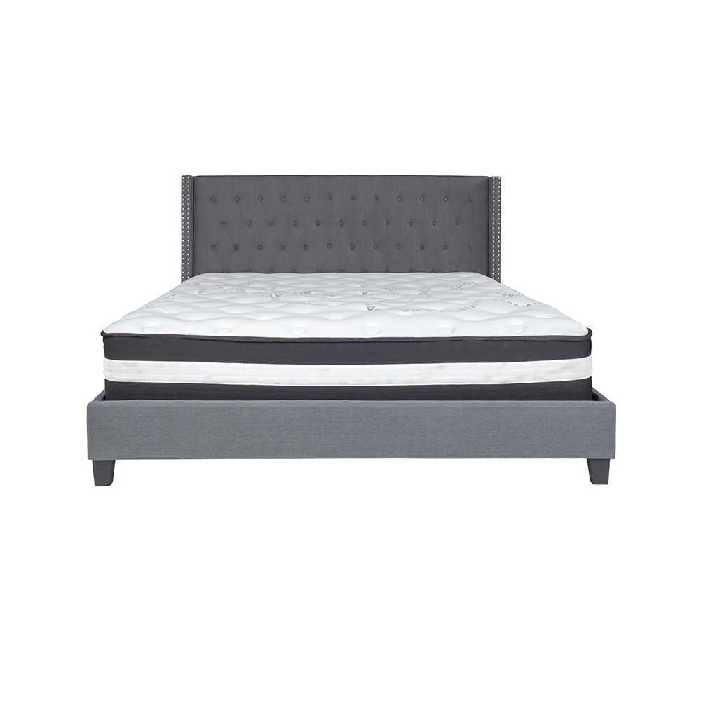 Riverdale King Size Tufted Upholstered Platform Bed in Dark Gray Fabric with Pocket Spring Mattress