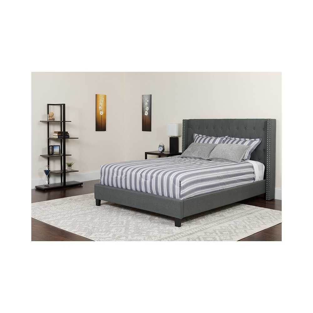 Riverdale King Size Tufted Upholstered Platform Bed in Dark Gray Fabric with Pocket Spring Mattress
