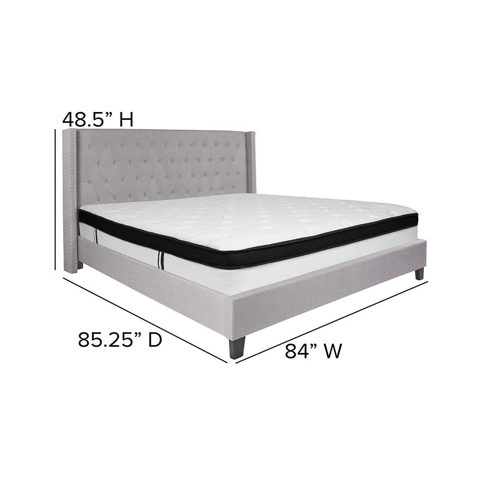 Riverdale King Size Tufted Upholstered Platform Bed in Light Gray Fabric with Memory Foam Mattress