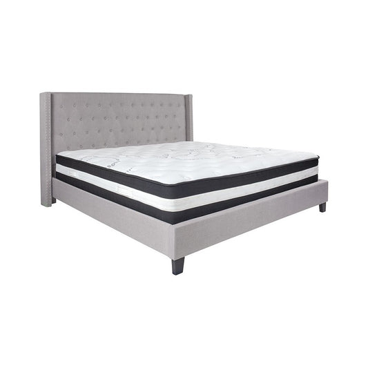 Riverdale King Size Tufted Upholstered Platform Bed in Light Gray Fabric with Pocket Spring Mattress