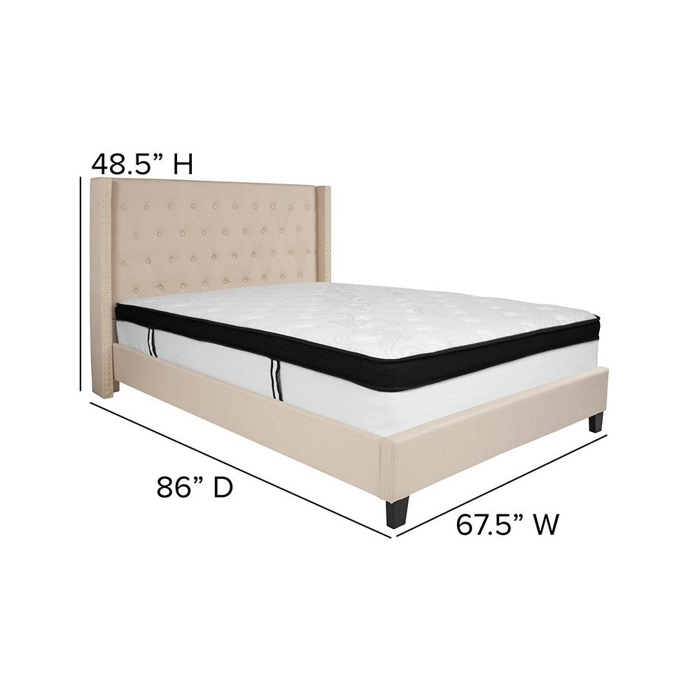 Riverdale Queen Size Tufted Upholstered Platform Bed in Beige Fabric with Memory Foam Mattress
