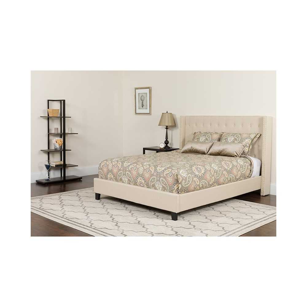 Riverdale Queen Size Tufted Upholstered Platform Bed in Beige Fabric with Memory Foam Mattress