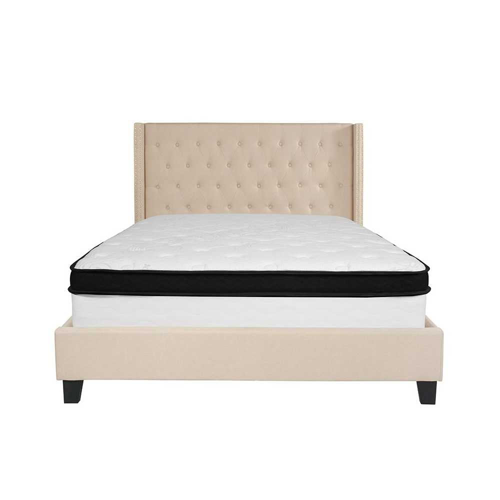 Riverdale Queen Size Tufted Upholstered Platform Bed in Beige Fabric with Memory Foam Mattress