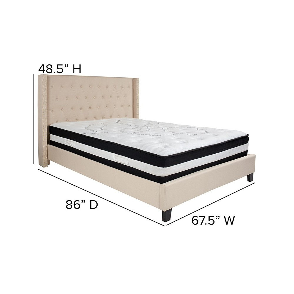 Riverdale Queen Size Tufted Upholstered Platform Bed in Beige Fabric with Pocket Spring Mattress