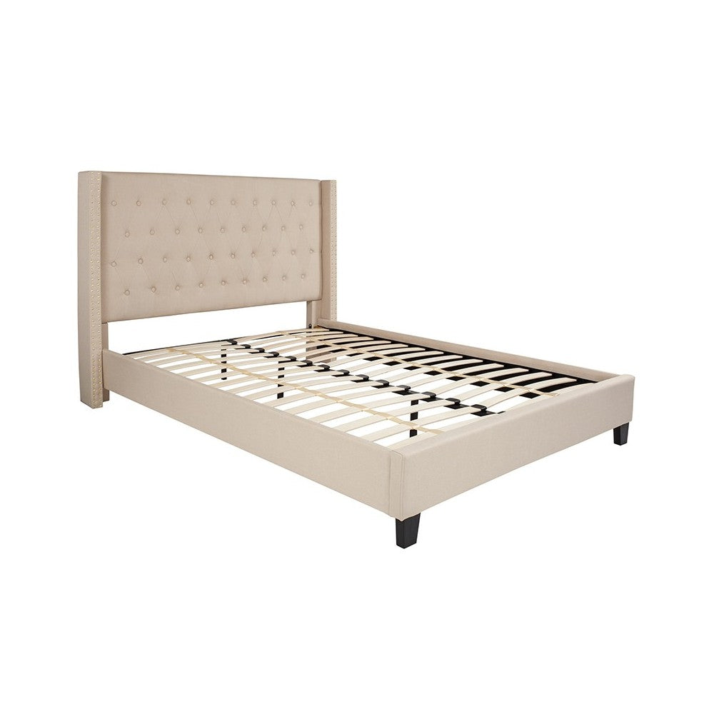 Riverdale Queen Size Tufted Upholstered Platform Bed in Beige Fabric