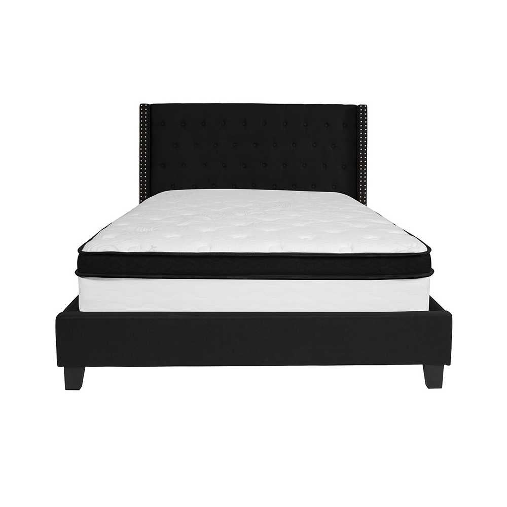 Riverdale Queen Size Tufted Upholstered Platform Bed in Black Fabric with Memory Foam Mattress