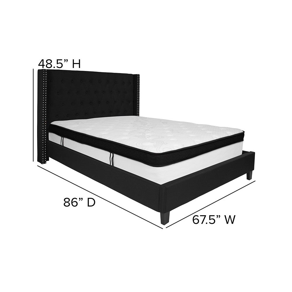 Riverdale Queen Size Tufted Upholstered Platform Bed in Black Fabric with Memory Foam Mattress