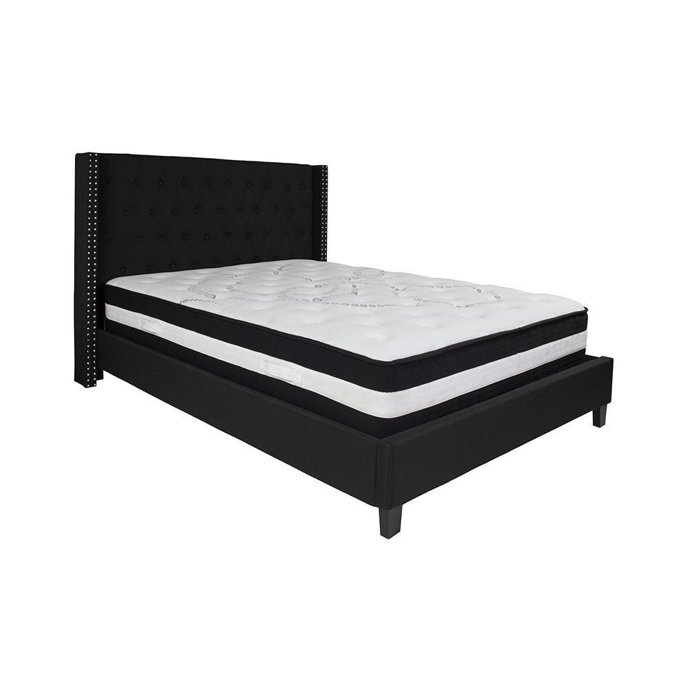 Riverdale Queen Size Tufted Upholstered Platform Bed in Black Fabric with Pocket Spring Mattress