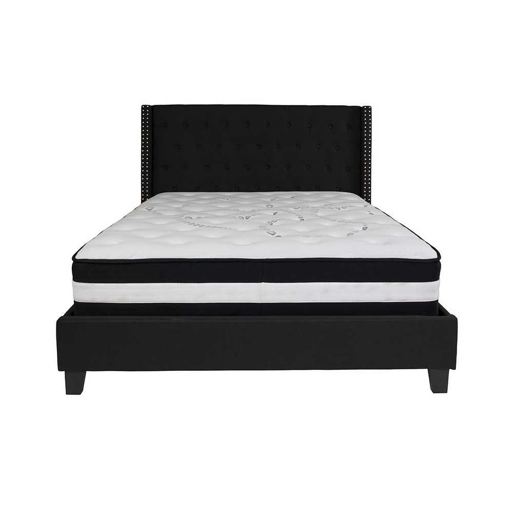 Riverdale Queen Size Tufted Upholstered Platform Bed in Black Fabric with Pocket Spring Mattress