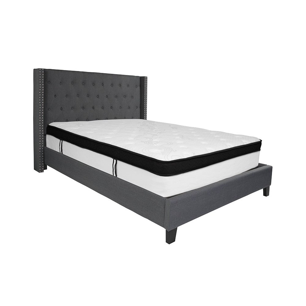 Riverdale Queen Size Tufted Upholstered Platform Bed in Dark Gray Fabric with Memory Foam Mattress