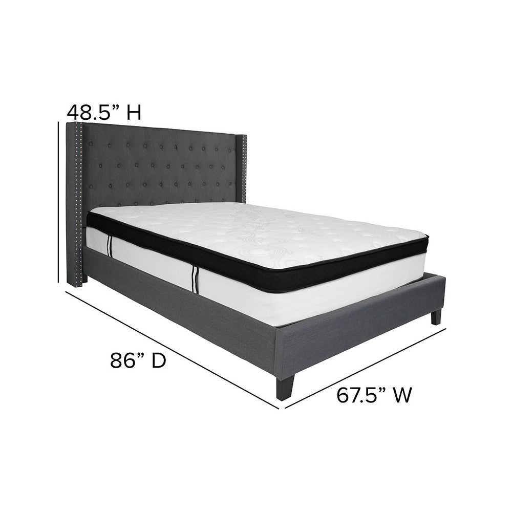 Riverdale Queen Size Tufted Upholstered Platform Bed in Dark Gray Fabric with Memory Foam Mattress