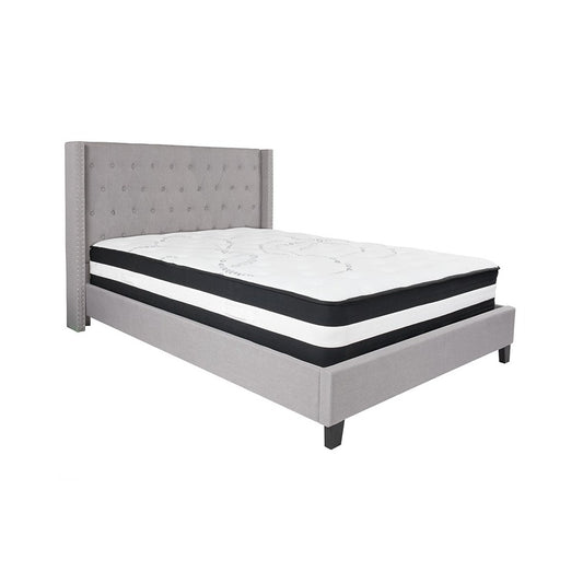 Riverdale Queen Size Tufted Upholstered Platform Bed in Light Gray Fabric with Pocket Spring Mattress