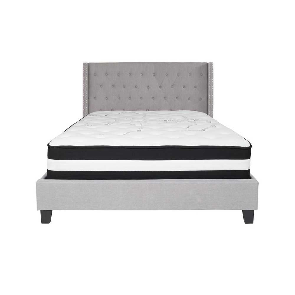Riverdale Queen Size Tufted Upholstered Platform Bed in Light Gray Fabric with Pocket Spring Mattress