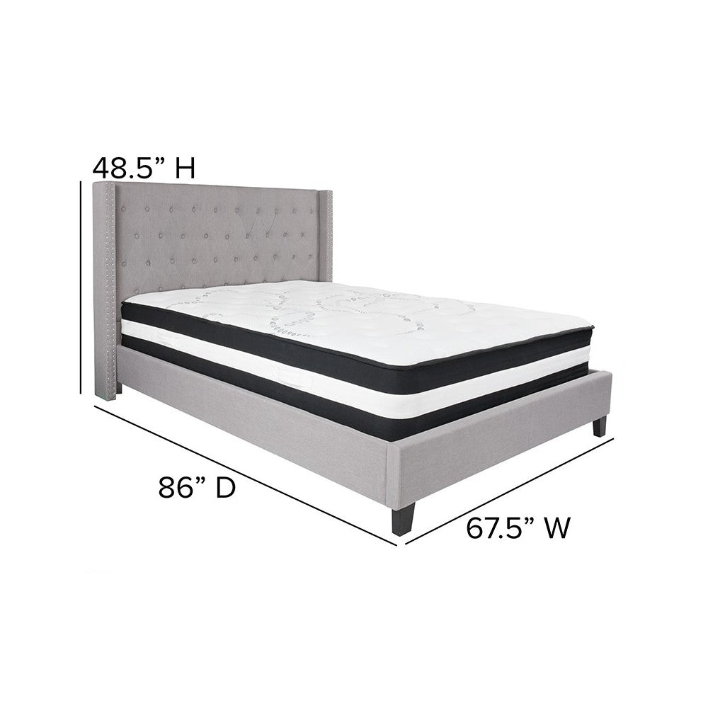 Riverdale Queen Size Tufted Upholstered Platform Bed in Light Gray Fabric with Pocket Spring Mattress