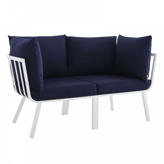 Riverside 2 Piece Outdoor Patio Aluminum Sectional Sofa Set, White Navy