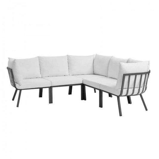 Riverside 5 Piece Outdoor Patio Aluminum Sectional, Gray White