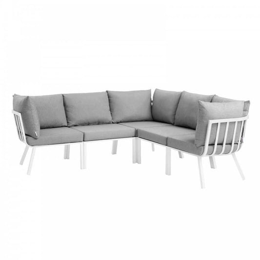 Riverside 5 Piece Outdoor Patio Aluminum Sectional, White Gray
