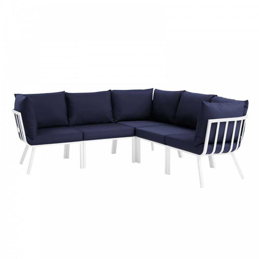 Riverside 5 Piece Outdoor Patio Aluminum Sectional, White Navy
