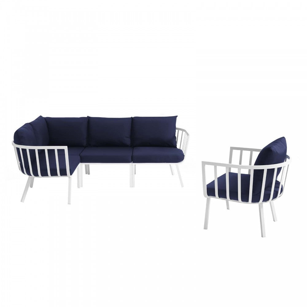 Riverside 5 Piece Outdoor Patio Aluminum Set, White Navy, EEI-3792-WHI-NAV