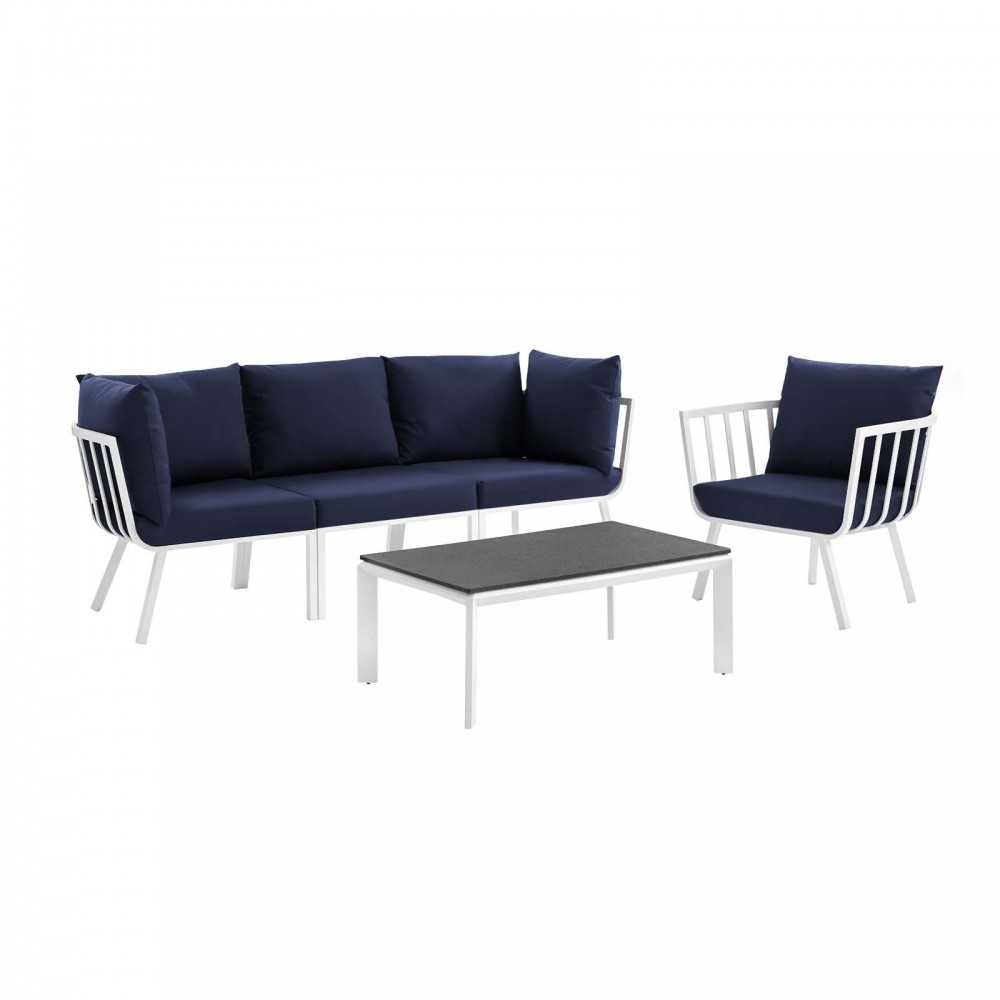 Riverside 5 Piece Outdoor Patio Aluminum Set, White Navy, EEI-3783-WHI-NAV