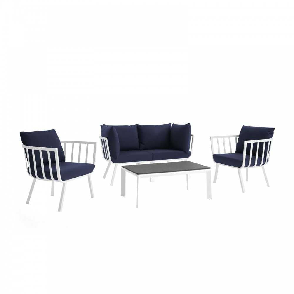 Riverside 5 Piece Outdoor Patio Aluminum Set, White Navy, EEI-3786-WHI-NAV