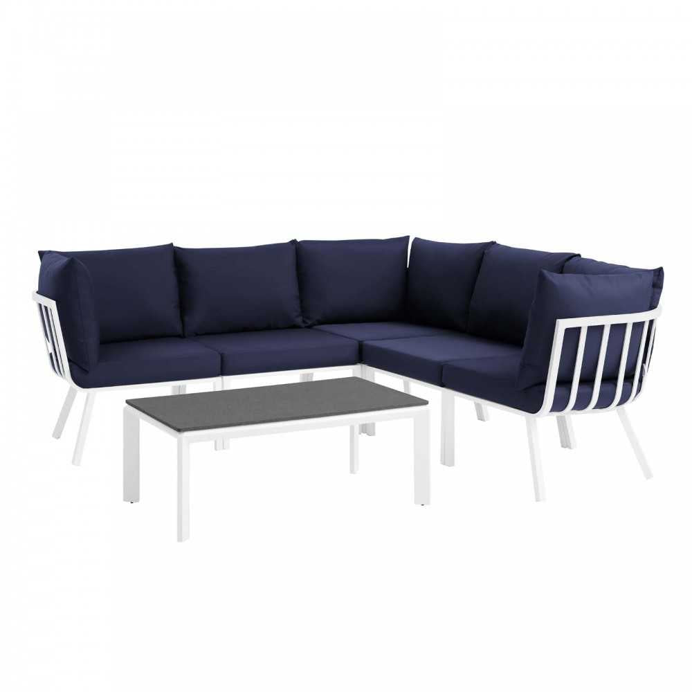 Riverside 6 Piece Outdoor Patio Aluminum Set, White Navy, EEI-3788-WHI-NAV