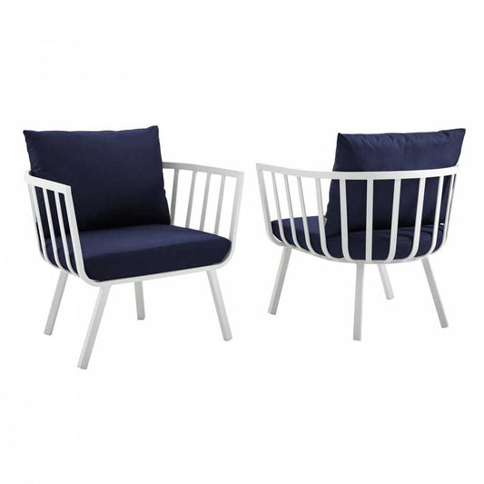 Riverside Outdoor Patio Aluminum Armchair Set of 2, White Navy