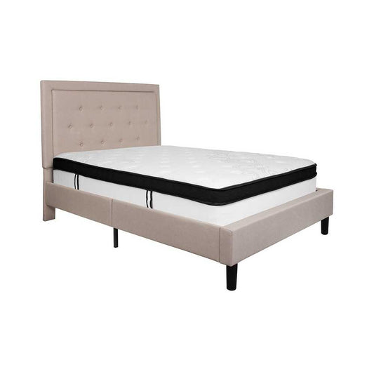 Roxbury Full Size Tufted Upholstered Platform Bed in Beige Fabric with Memory Foam Mattress
