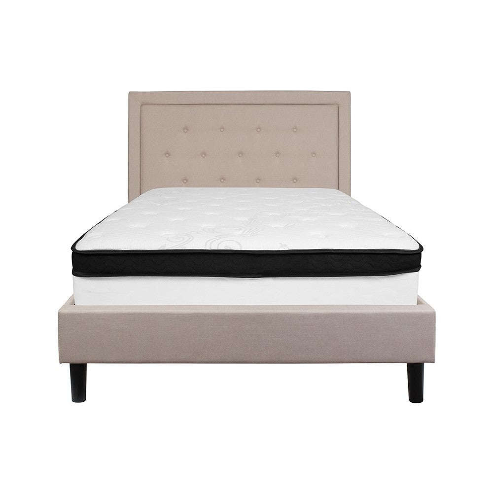 Roxbury Full Size Tufted Upholstered Platform Bed in Beige Fabric with Memory Foam Mattress