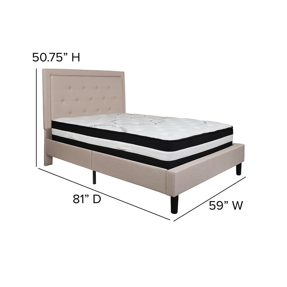 Roxbury Full Size Tufted Upholstered Platform Bed in Beige Fabric with Pocket Spring Mattress