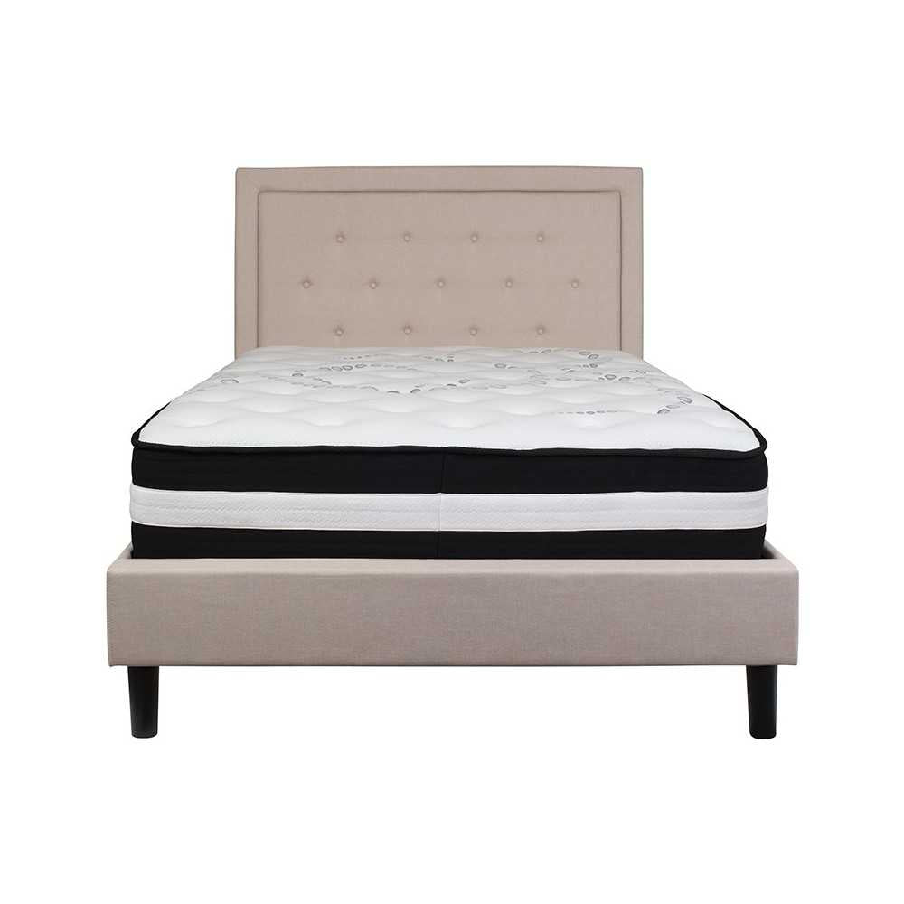 Roxbury Full Size Tufted Upholstered Platform Bed in Beige Fabric with Pocket Spring Mattress