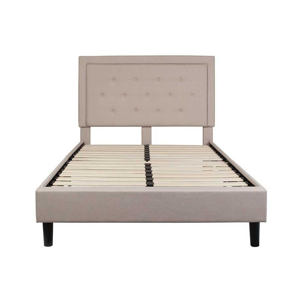 Roxbury Full Size Tufted Upholstered Platform Bed in Beige Fabric