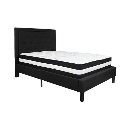 Roxbury Full Size Tufted Upholstered Platform Bed in Black Fabric with Pocket Spring Mattress