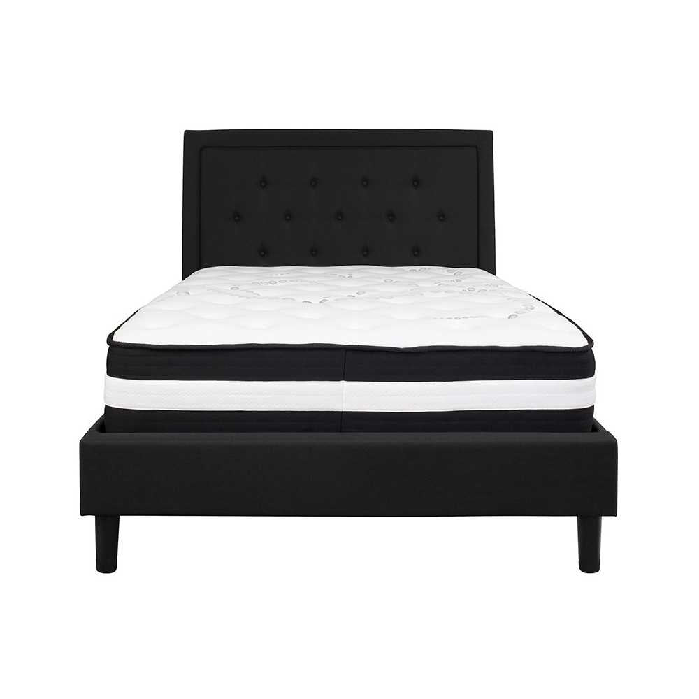 Roxbury Full Size Tufted Upholstered Platform Bed in Black Fabric with Pocket Spring Mattress