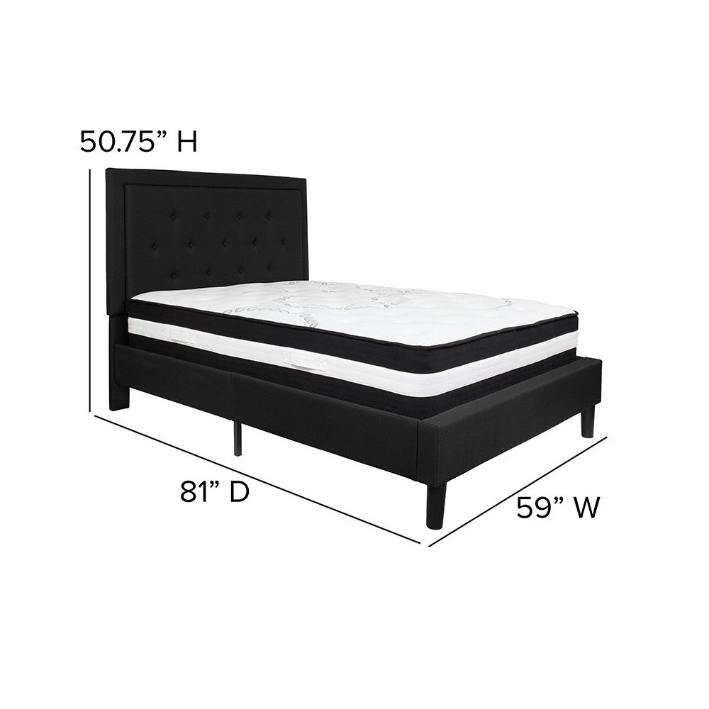 Roxbury Full Size Tufted Upholstered Platform Bed in Black Fabric with Pocket Spring Mattress