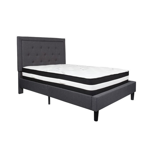 Roxbury Full Size Tufted Upholstered Platform Bed in Dark Gray Fabric with Pocket Spring Mattress