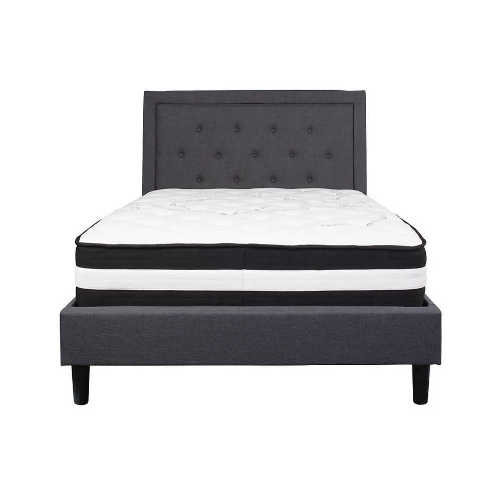 Roxbury Full Size Tufted Upholstered Platform Bed in Dark Gray Fabric with Pocket Spring Mattress