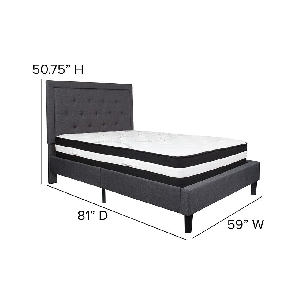 Roxbury Full Size Tufted Upholstered Platform Bed in Dark Gray Fabric with Pocket Spring Mattress