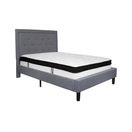 Roxbury Full Size Tufted Upholstered Platform Bed in Light Gray Fabric with Memory Foam Mattress