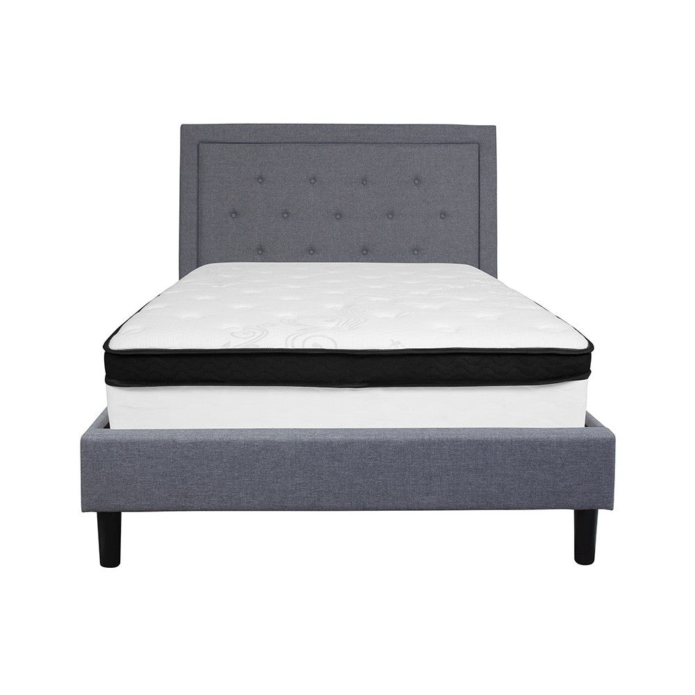 Roxbury Full Size Tufted Upholstered Platform Bed in Light Gray Fabric with Memory Foam Mattress