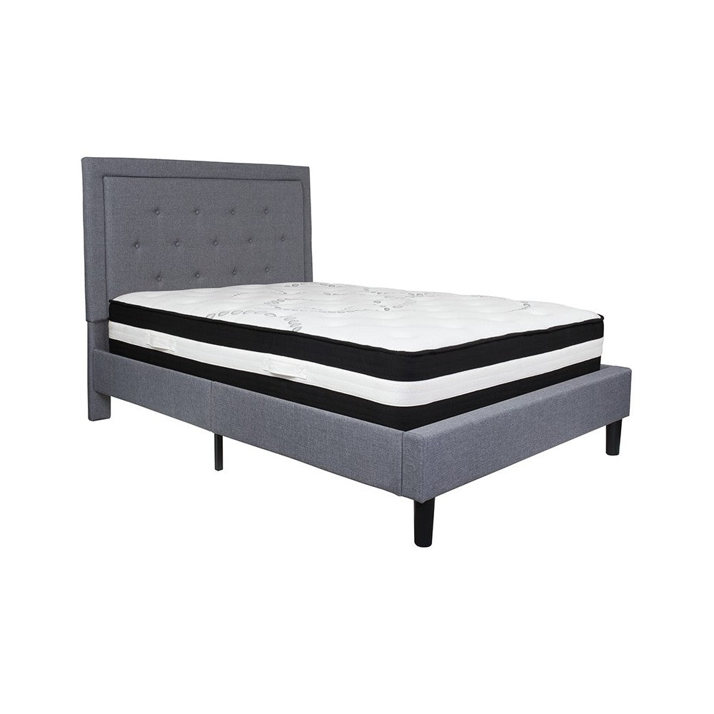 Roxbury Full Size Tufted Upholstered Platform Bed in Light Gray Fabric with Pocket Spring Mattress