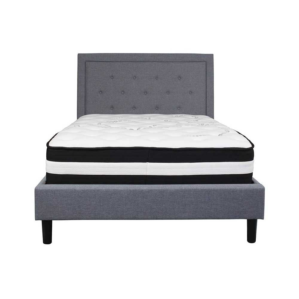 Roxbury Full Size Tufted Upholstered Platform Bed in Light Gray Fabric with Pocket Spring Mattress